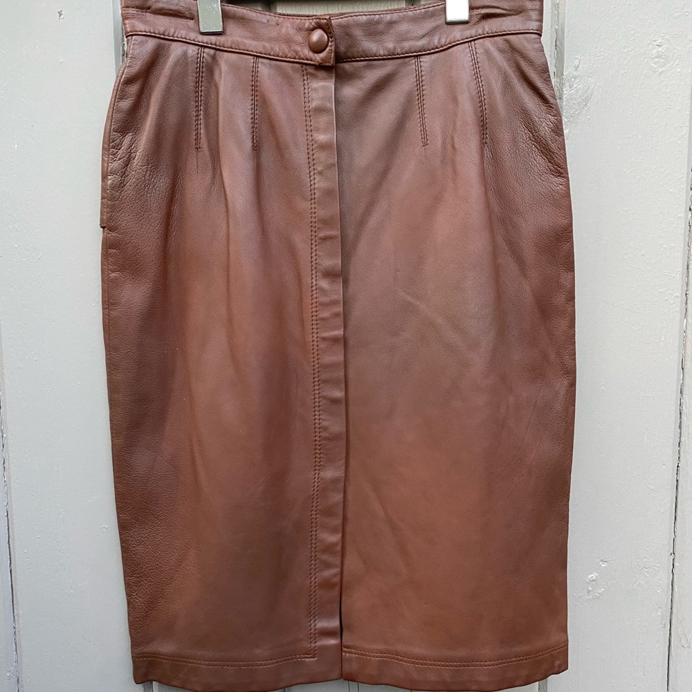 Vintage French Brown Leather Pencil Skirt France by Anatheme, Chevron Detail S